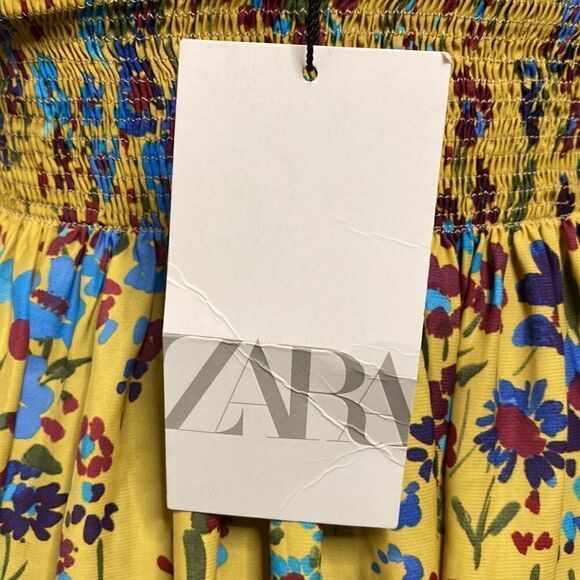 ZARA Mustard Yellow Floral Smocked Mini Dress Top - Picture 4 of 10